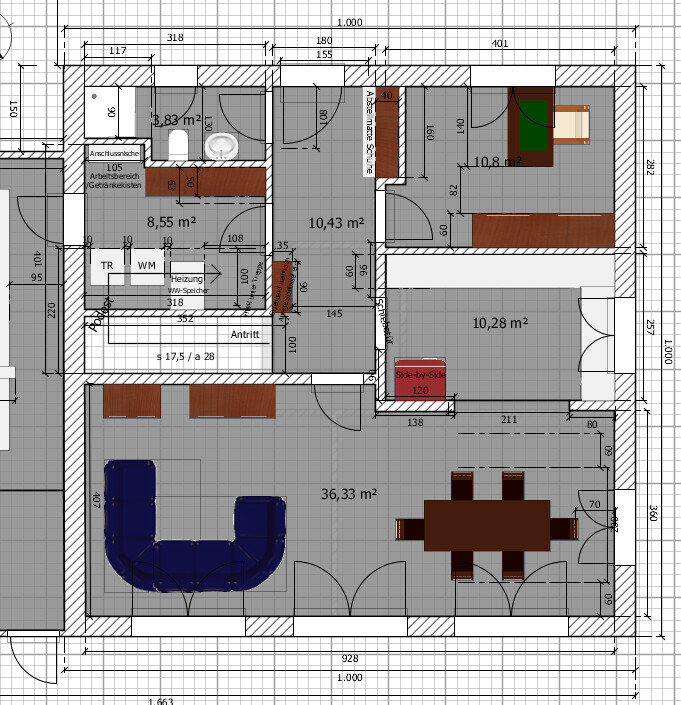 Floor plan of a house with living room (sofa), dining table, kitchen, bathroom, bedroom, hallway.
