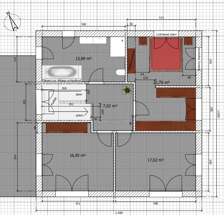 Floor plan of a house with several rooms, bathroom, kitchen, sleeping and living area