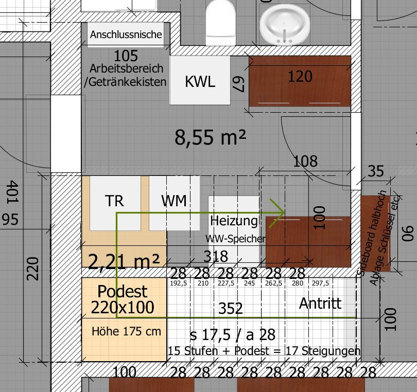 Grundriss eines Küchen- und Arbeitsbereichs mit Podest, Heizung und Türen.