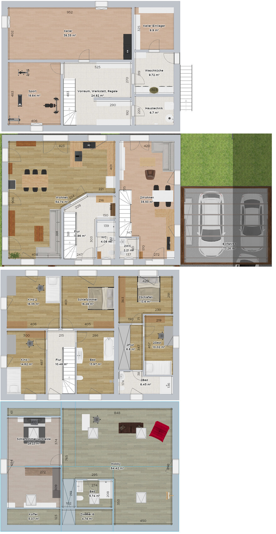 Detailed floor plan of a multi-story house with living room, kitchen, corridors and garage
