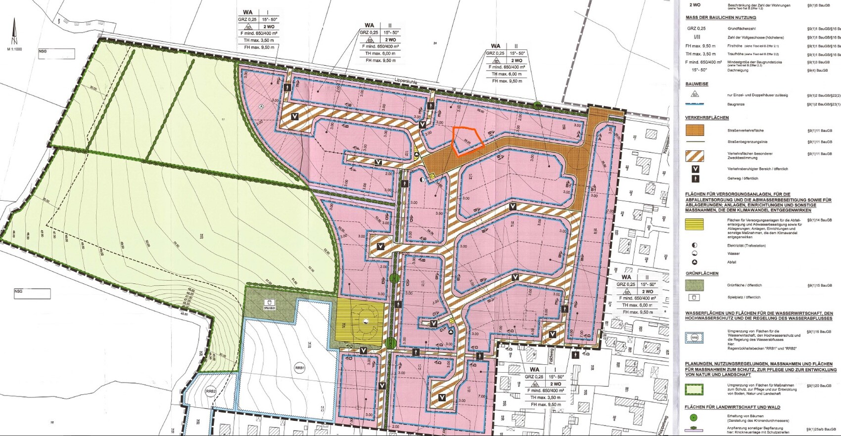 Site plan of a building area with plots, streets, green spaces, and legend on the right side