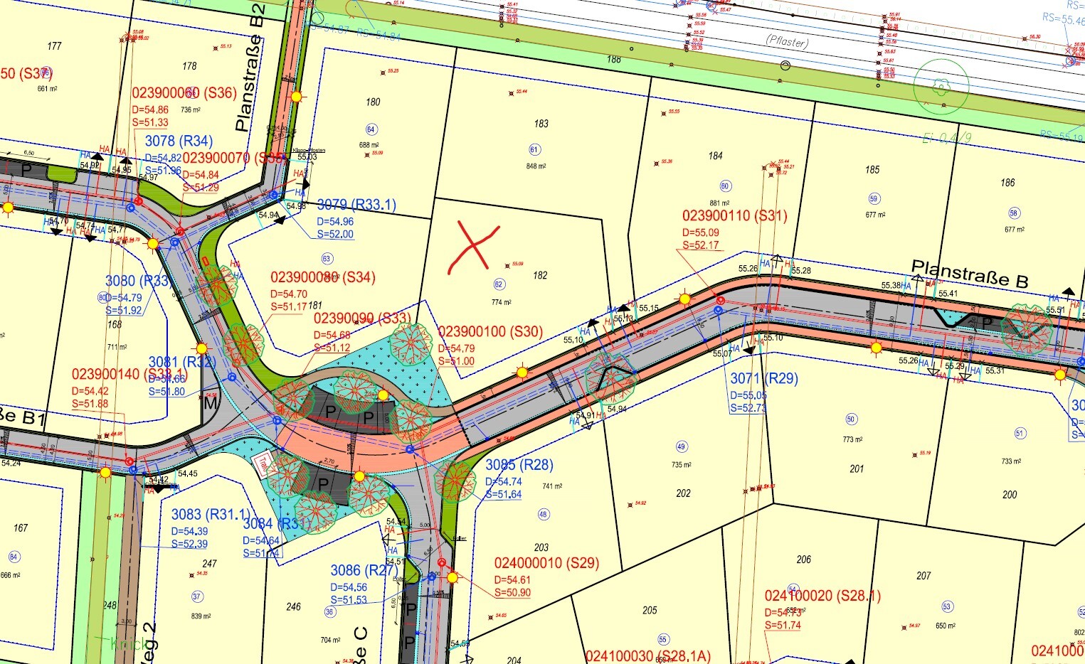 Urban development plan with plots, streets, paths and green areas