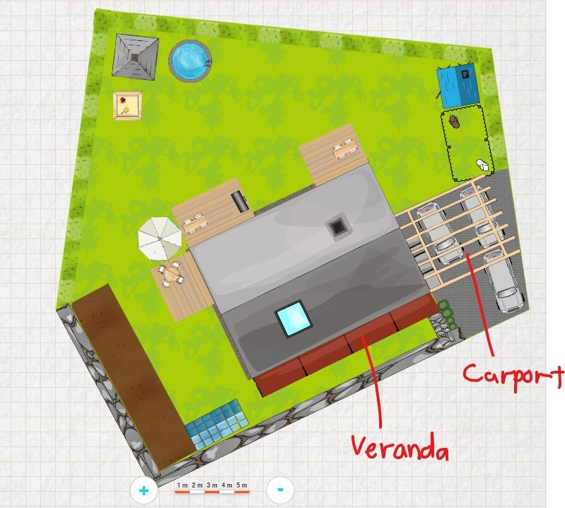 Bird’s eye view of garden with house, veranda, carport, terrace, pool, and furniture