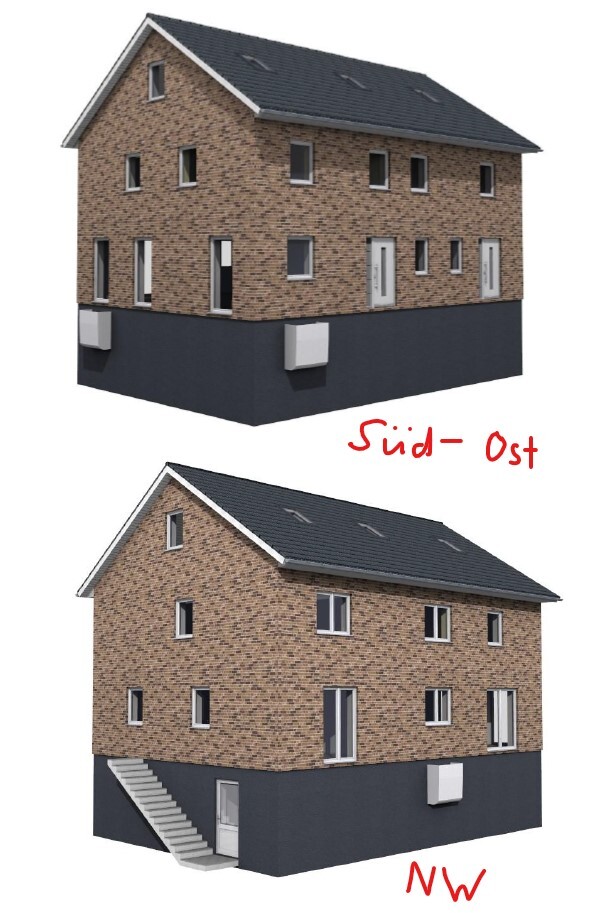 Two-story brown brick house with dark base; two views (southeast, northwest)