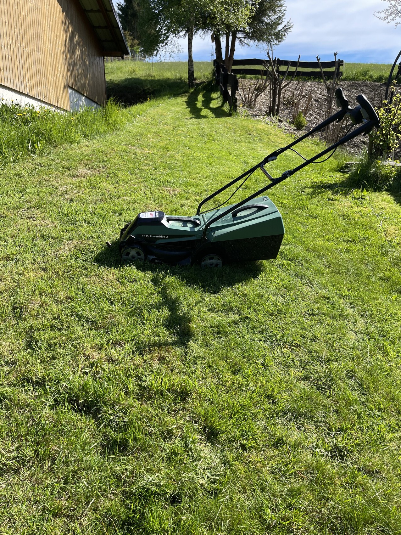 Green lawn mower in a sunny garden next to a wooden house and fence.