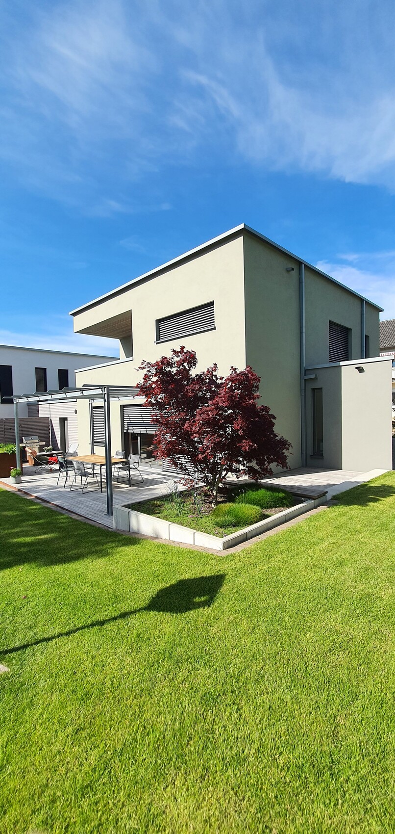 Modern single-family home with terrace, green lawn, and red maple tree against blue sky