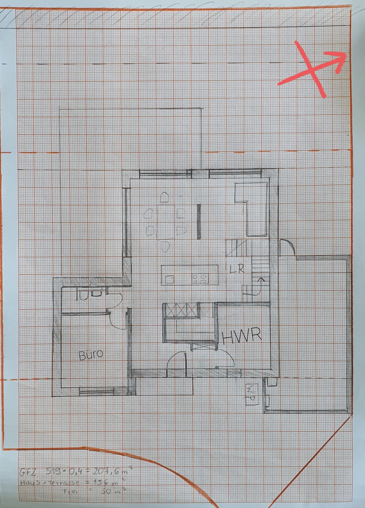 Floor plan of a house with office, utility room, and other rooms (sketch on graph paper).