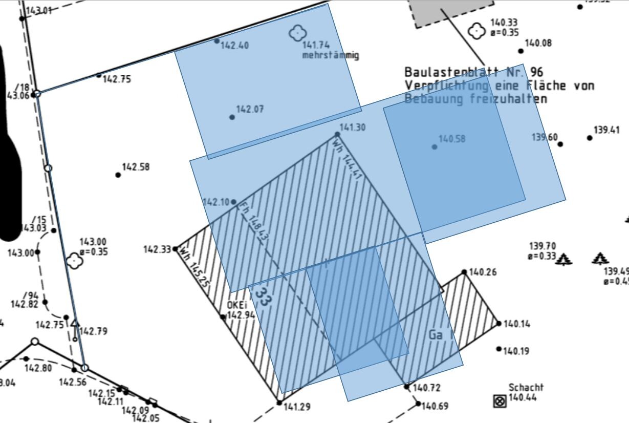 Survey plan with overlaid blue areas and coordinate information