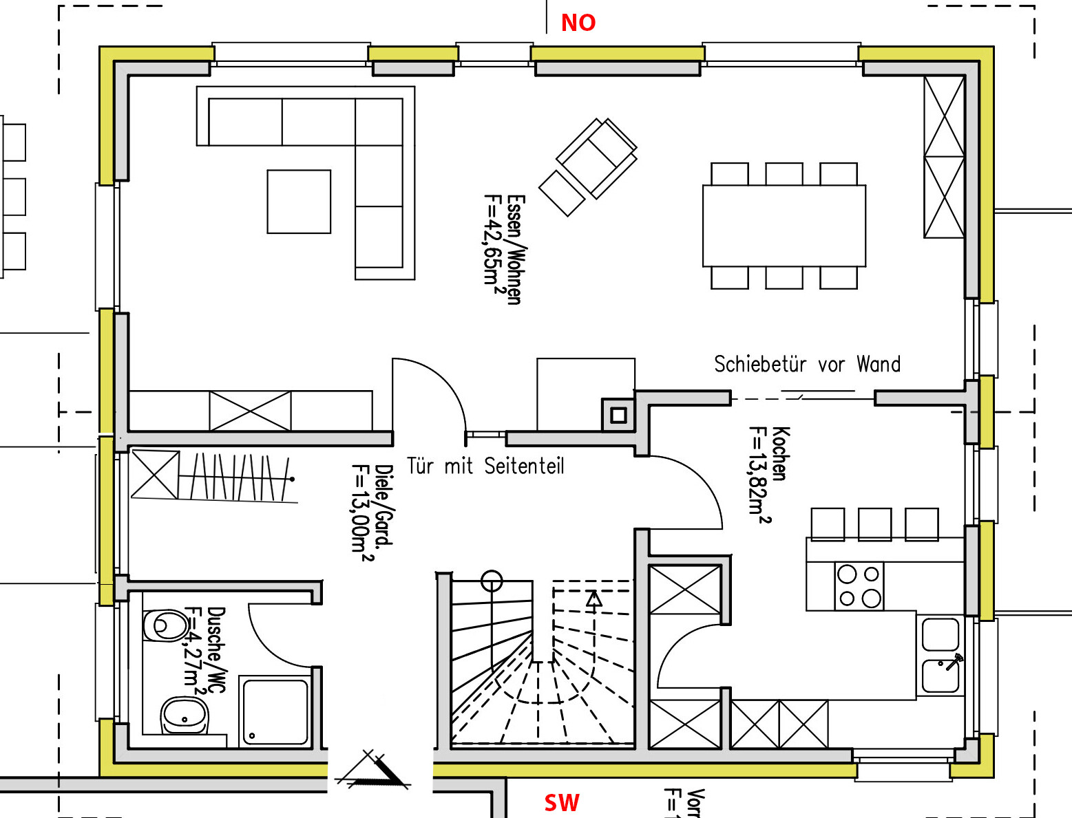 Open living and dining area with sofa, dining table, kitchen and stairs, floor plan.