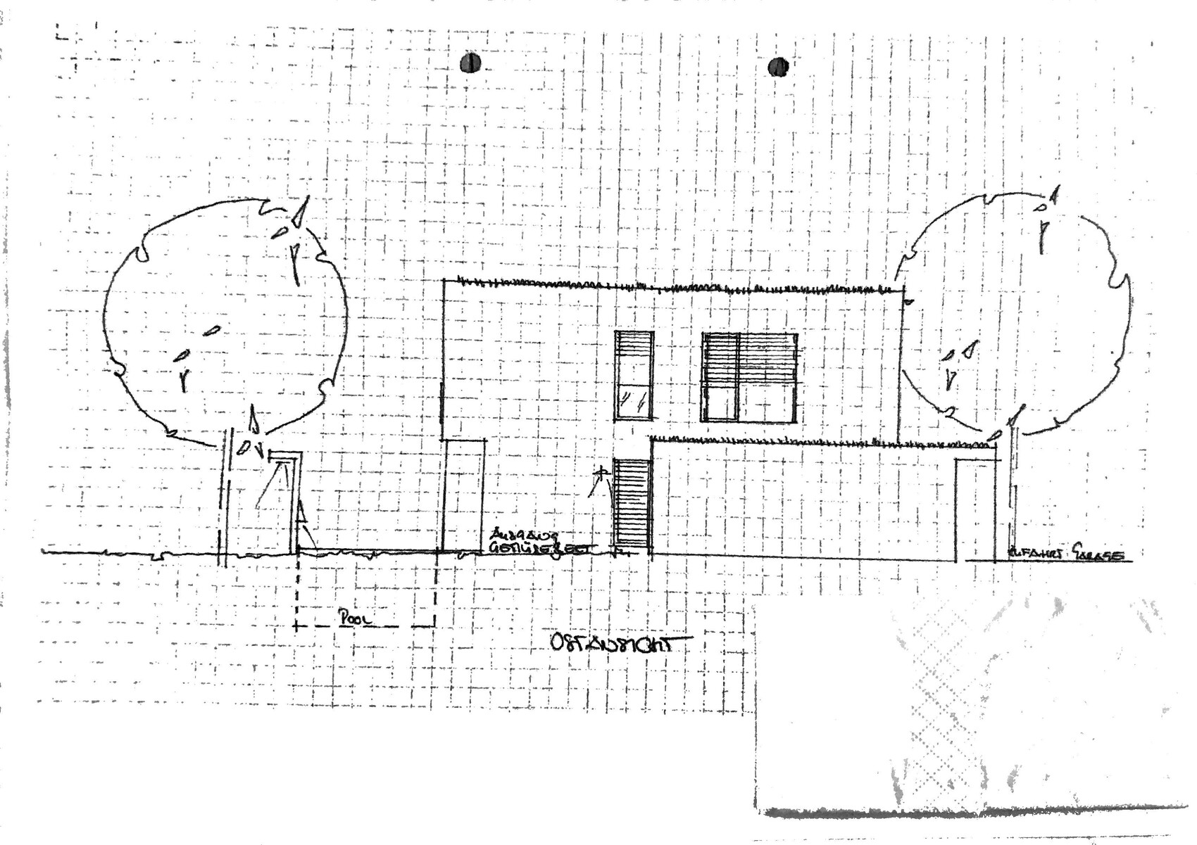 Sketch of a two-story house with entrance, staircase, garage, and garden with two round trees.