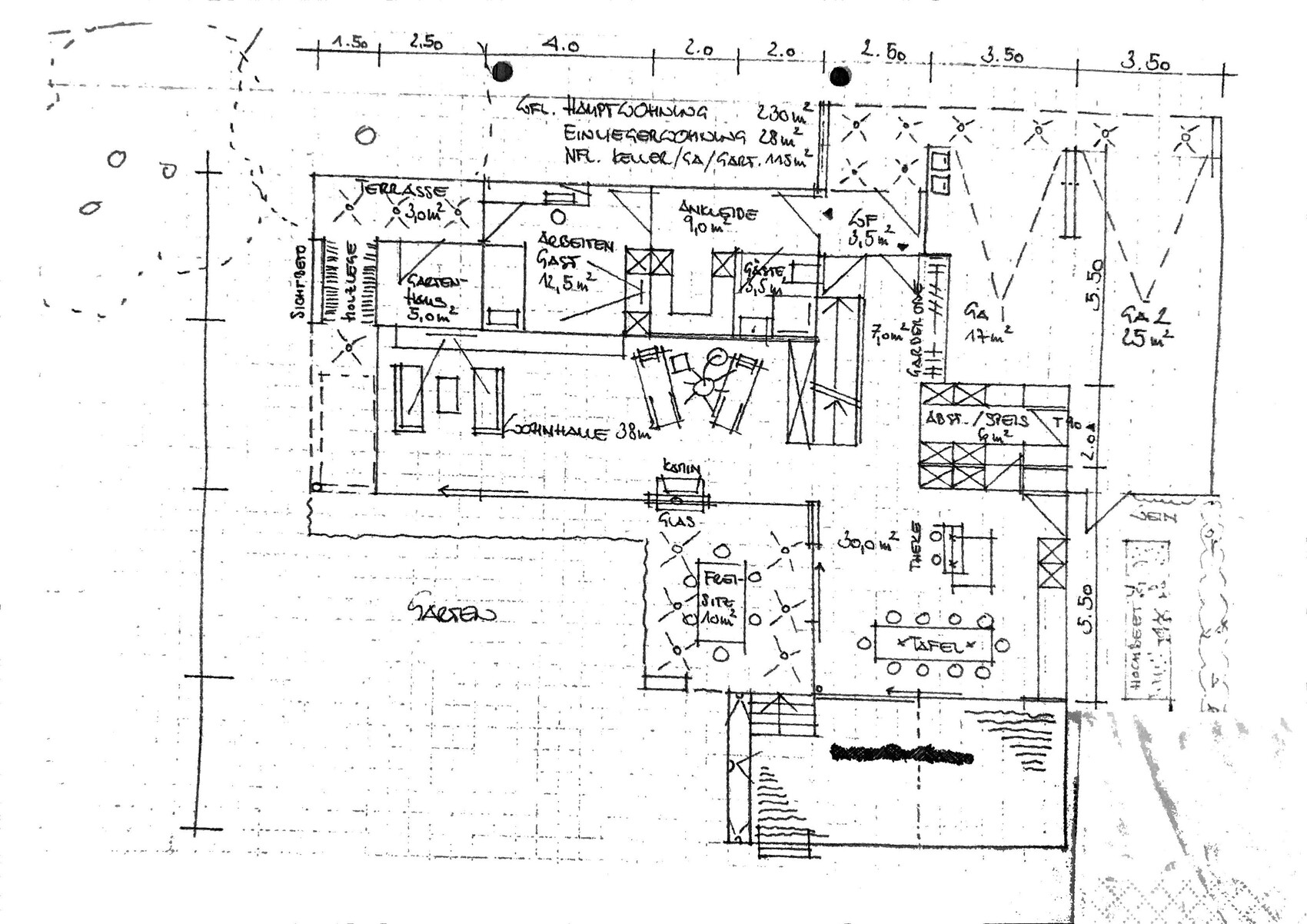 Hand sketch of a building floor plan with rooms, terrace, stairs, and furniture.