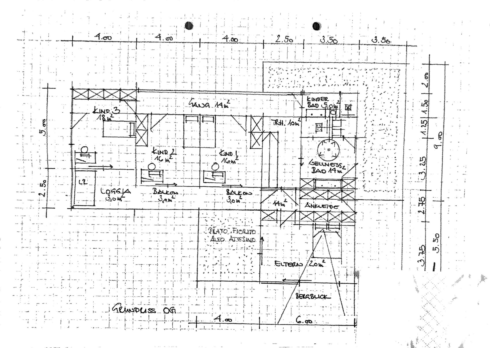Architectural floor plan with several rooms, bathroom, walk-in closet, balcony, and outdoor area.