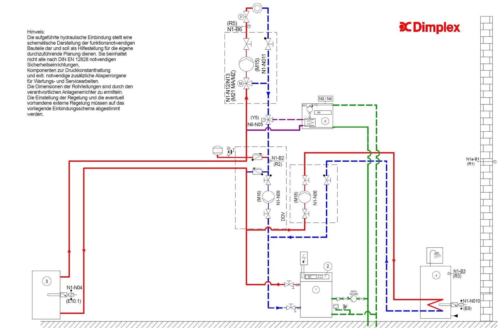 Hydraulic and control diagram with colored pipes (red/blue/green) and ExDimplex logo.