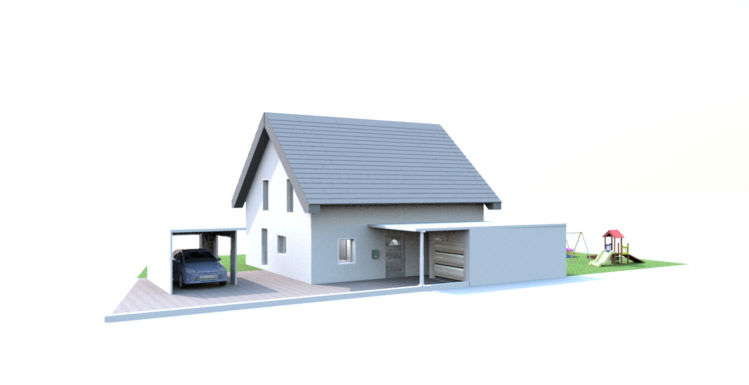 Modern house with carport, garage, driveway and playground in the garden.