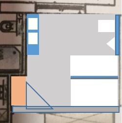 2D house floor plan with walls, windows, and doors in blue and gray