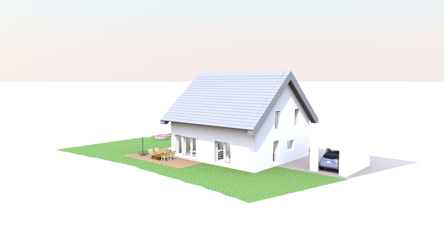 Modern detached house with terrace, garden and parked car in the carport.