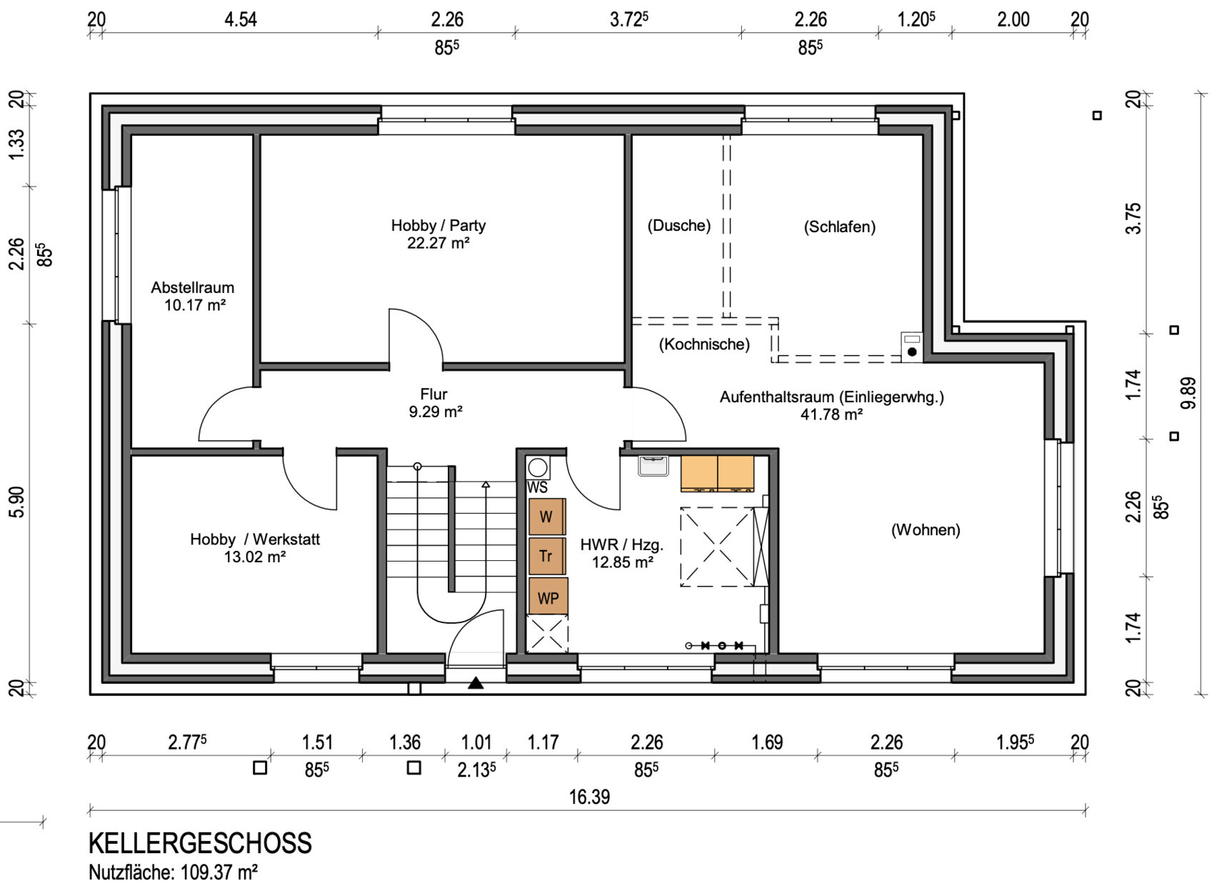 Basement floor plan: hobby/workshop, hobby/party, recreation room, living, hallway, utility room.