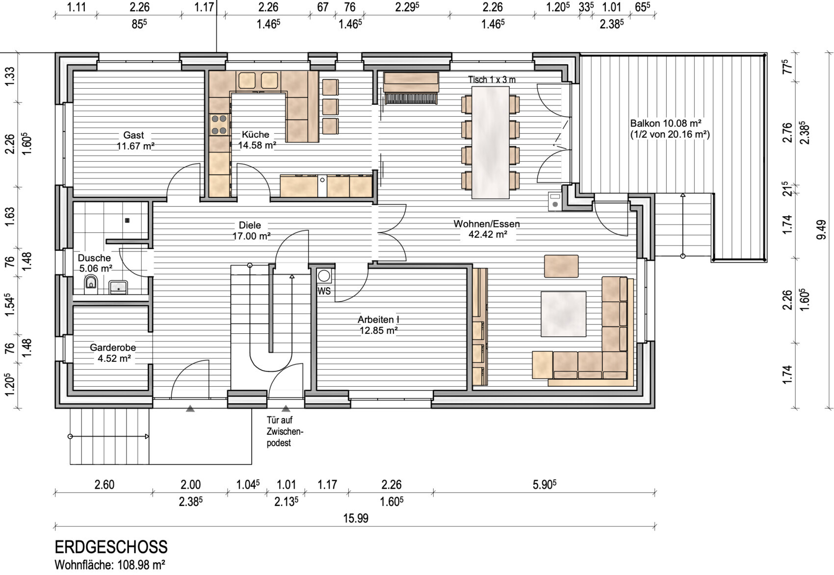 Ground floor plan with living room, kitchen, guest room, hall, bathroom, balcony.