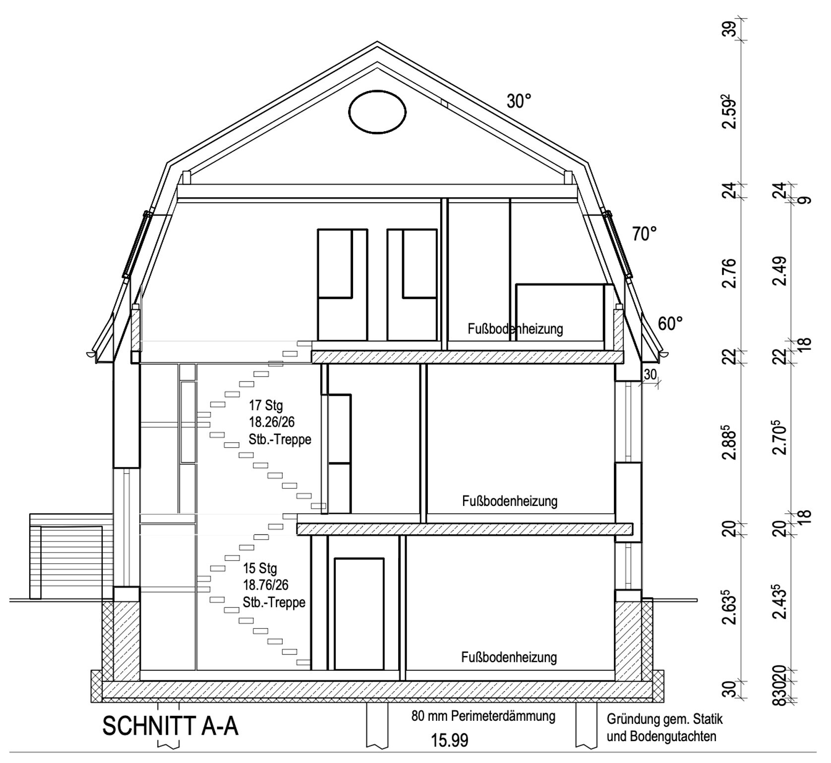 Section A-A through a multi-story house with stairs, underfloor heating and dimensions.