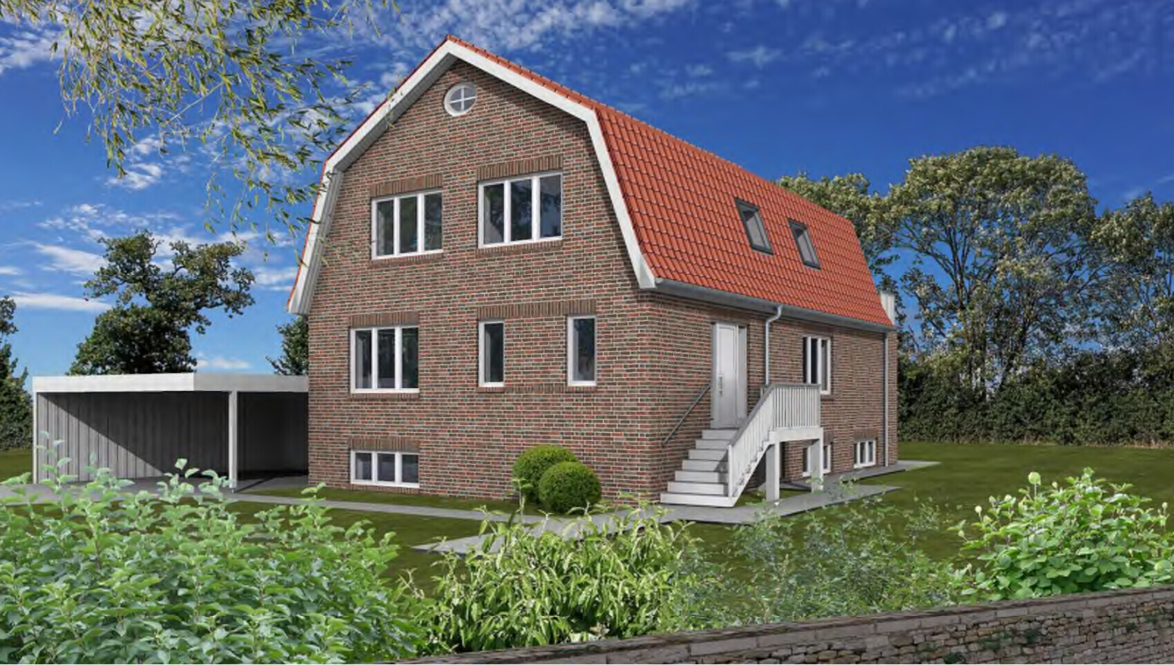 Two-story brick house with red tile roof, white windows, stairs to entrance.