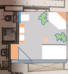 Floor plan of a house with interior layout and colored accents in blue and orange