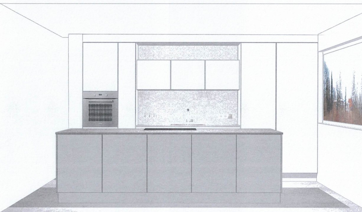 Modern kitchen with island, built-in oven on the left, cabinets and windows on the right.