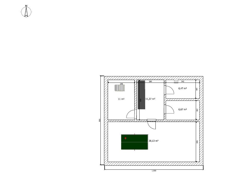 Floor plan: Upper wing with four rooms; below large room with green play table.