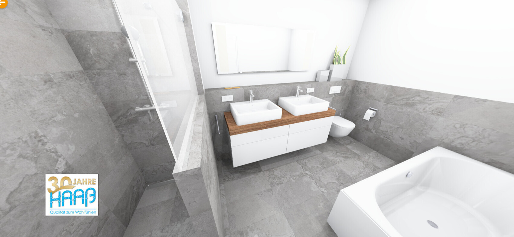 Modern bathroom with double sink on wooden countertop, glass shower, toilet, and bathtub.