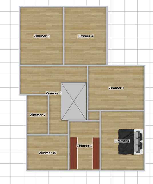 Floor plan of a building with ten rooms around a central elevator; room 8 with a bed.