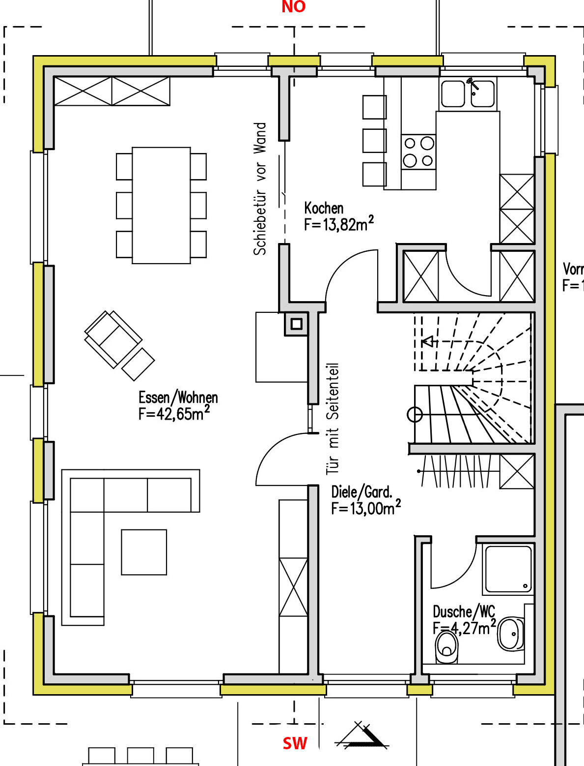 Grundriss eines Hauses: Offener Ess-/Wohnbereich, Küche, Diele, Dusche/WC, Treppe.