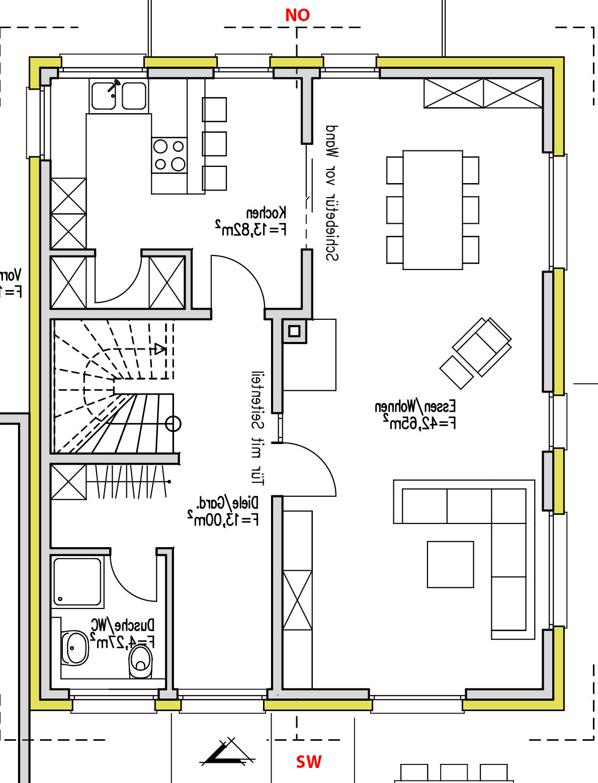 Grundriss einer Wohnung: Küche mit Insel, Essbereich, Wohnzimmer, Flur, Treppe, Bad.