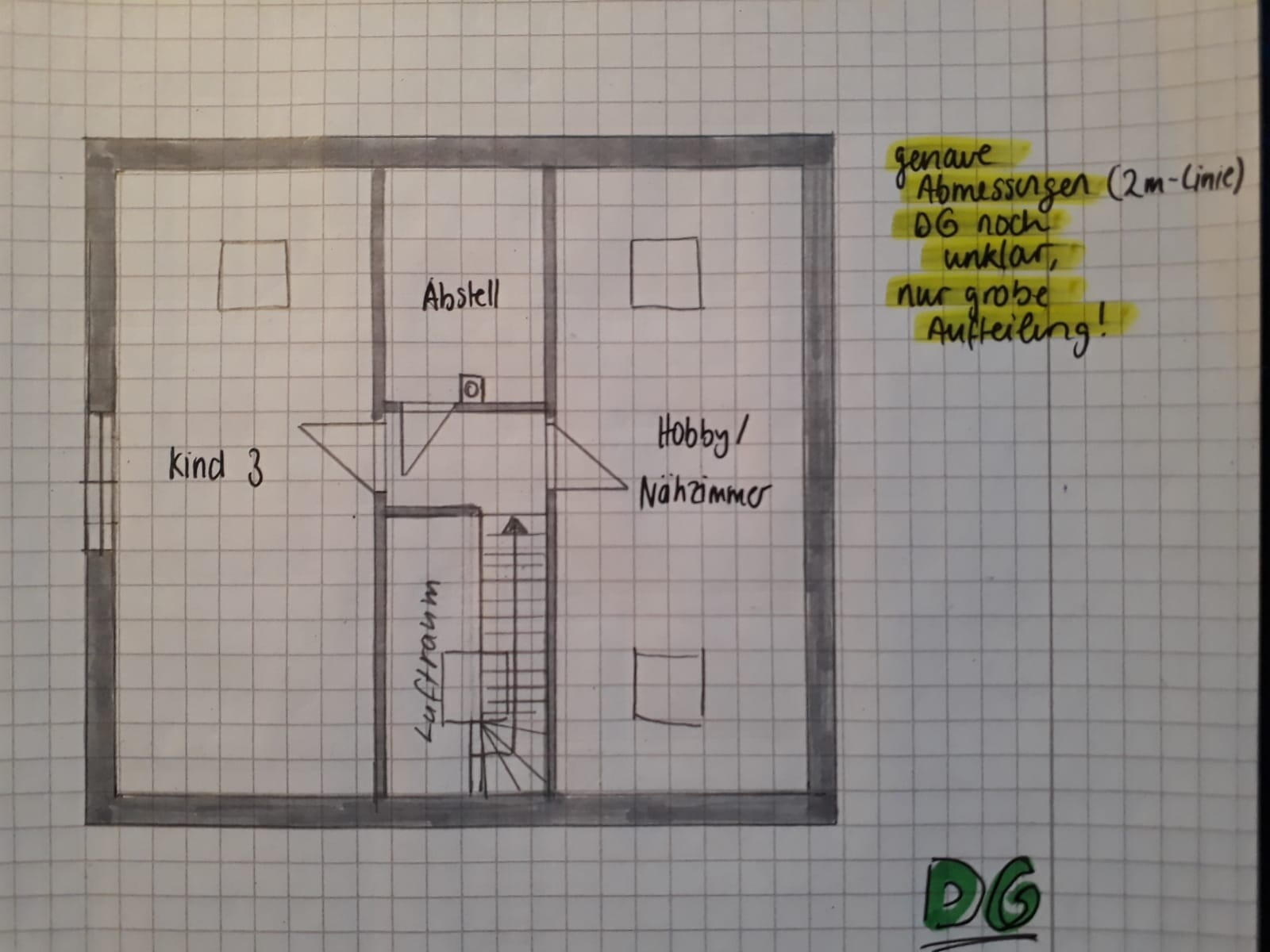 Attic floor plan: Child 3, storage room, hobby/sewing room, stairs area.