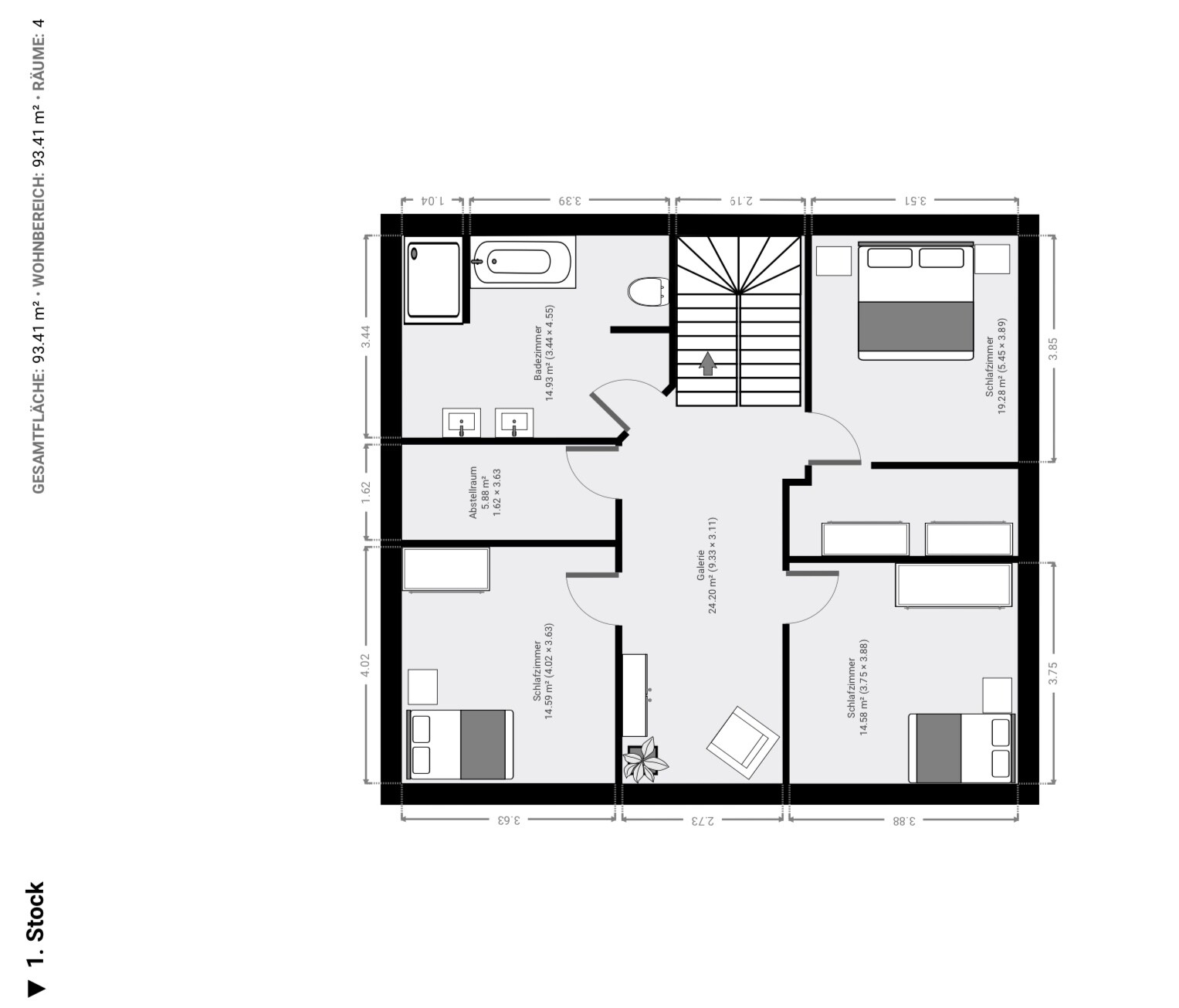 First floor plan: stairs, gallery, bathroom, storage room and three bedrooms.