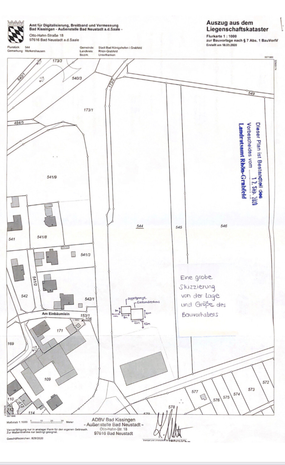 Excerpt from land registry: parcels, buildings, scale 1:1000, Bad Neustadt