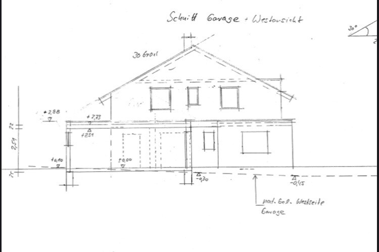 Architectural sketch: two-storey house with gable roof, front view and garage on the left.