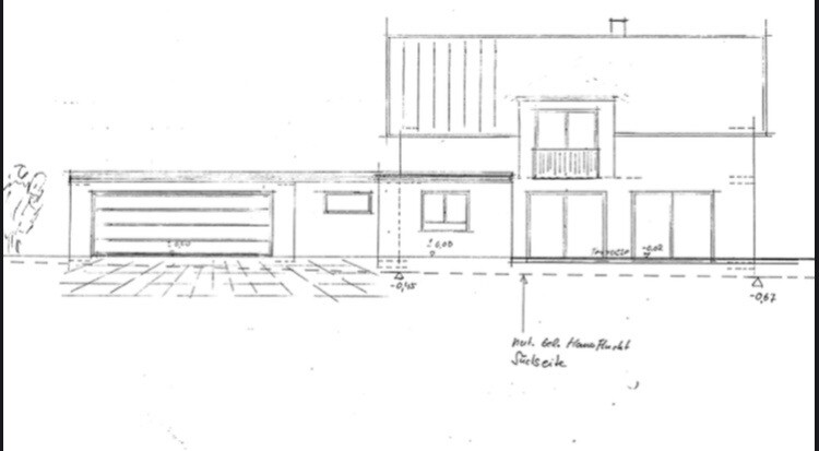 Sketch of a modern house with garage, driveway and front facade.
