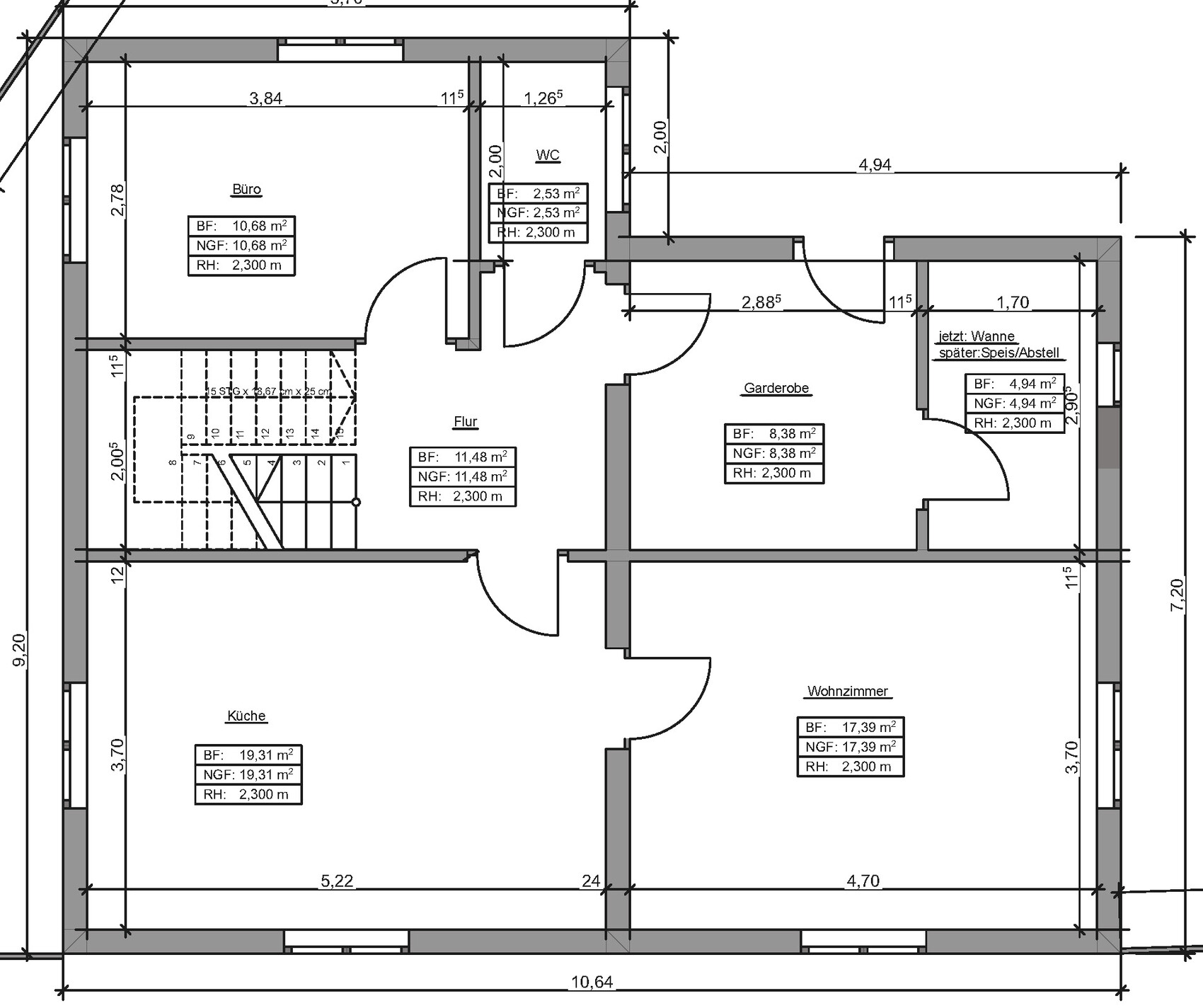 Floor plan of a house: rooms kitchen, office, hallway, cloakroom, living room, WC, with dimensions.