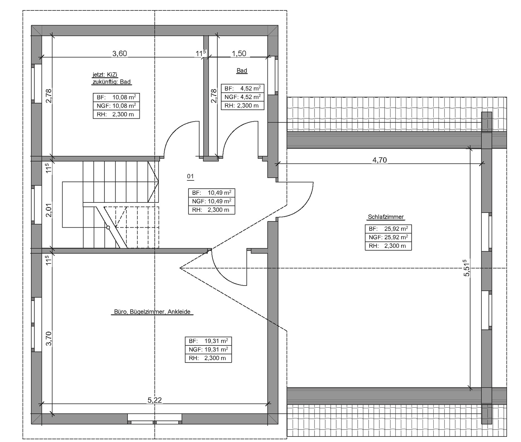 Floor plan of a house: bedroom, office, bathroom, hallway, and staircase.