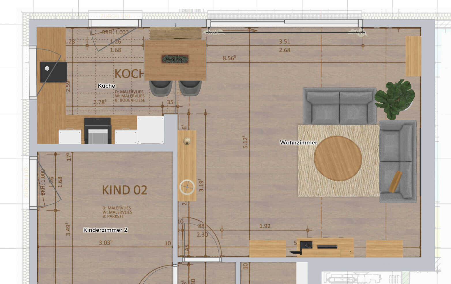 Floor plan of an open living and kitchen area with dining table, sofa, plant, and children's room.