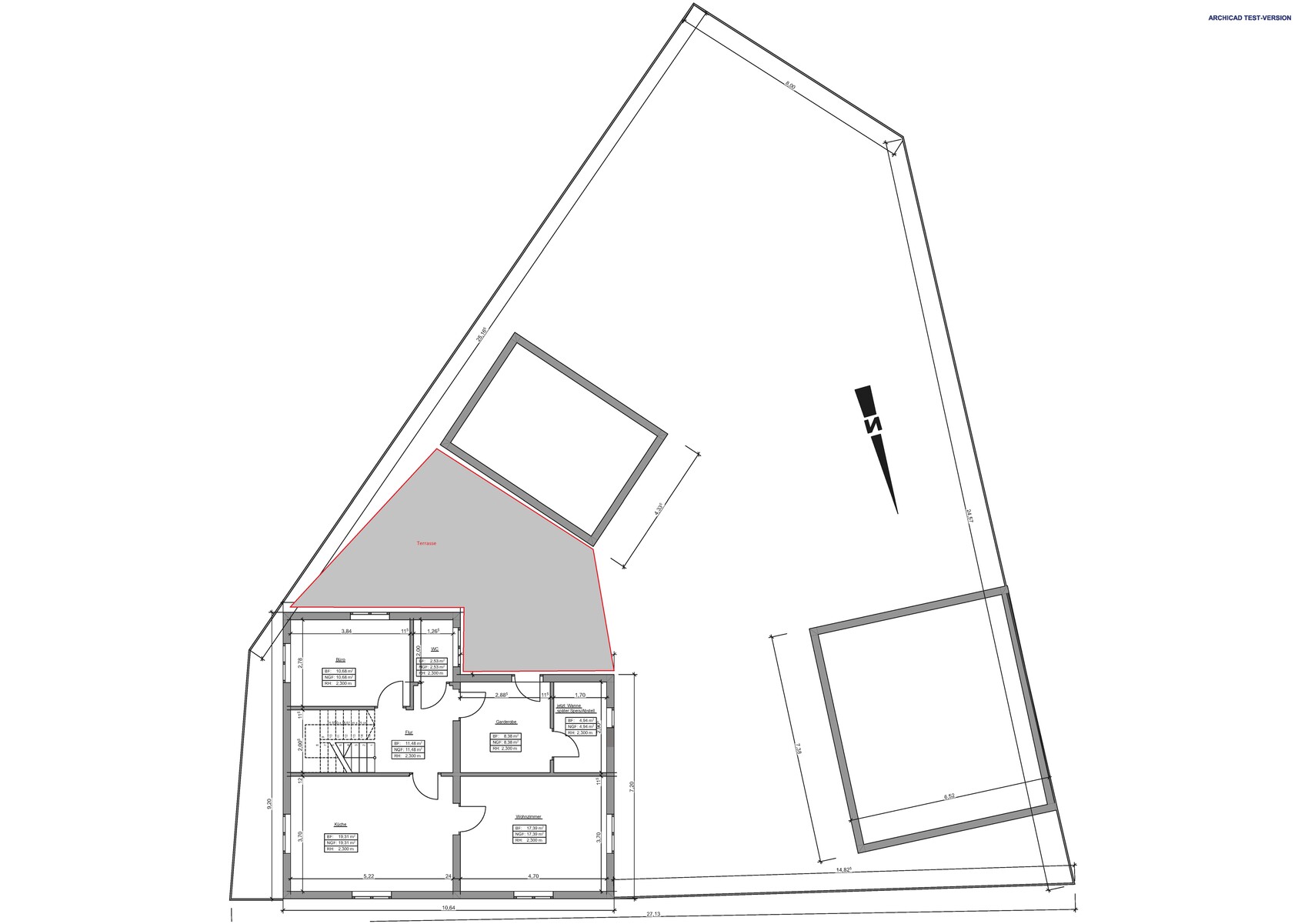 Architectural floor plan: interior rooms bottom left, terrace marked with red border.