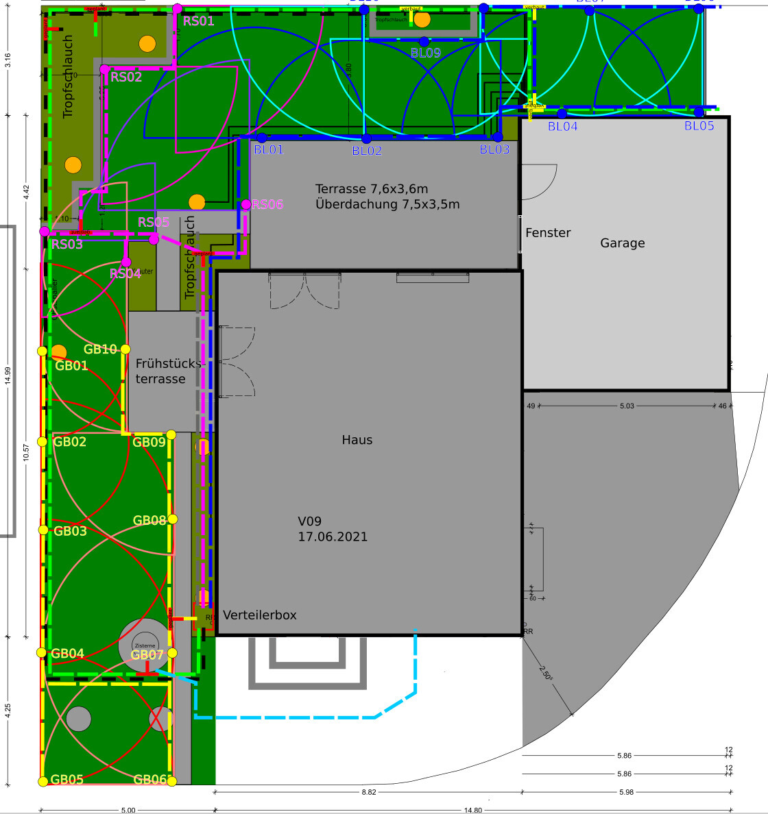 Floor plan: House with terrace, garage, and garden; irrigation lines.