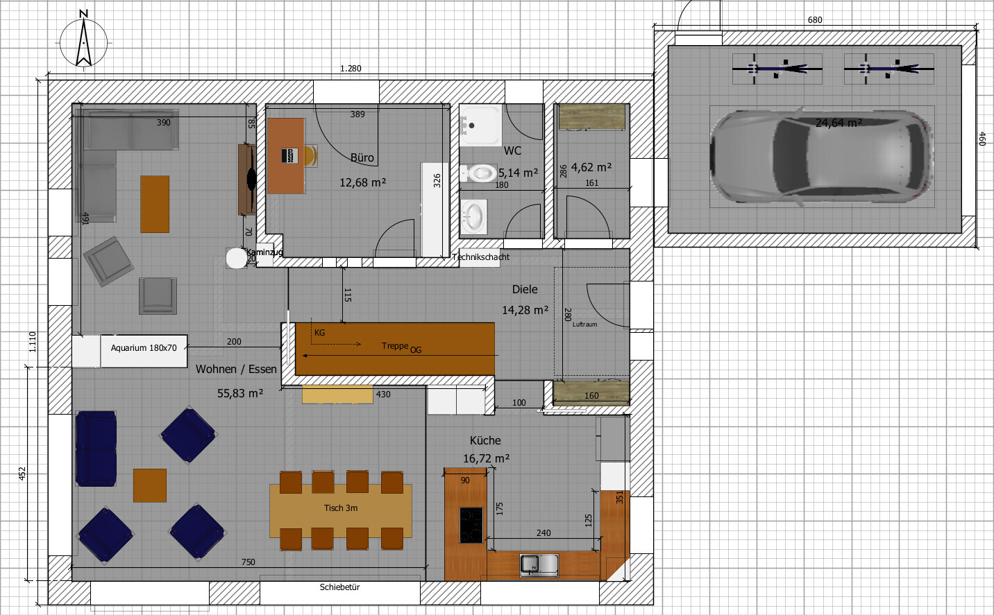 Floor plan of a house with living room, kitchen, dining area, office, hallway, stairs, garage with car.