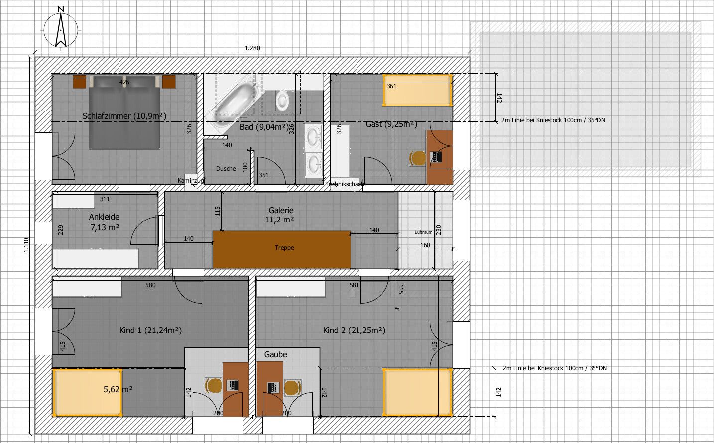 2D floor plan of a house: bedroom, walk-in closet, bathroom, gallery, stairs, child 1, child 2 and guest.