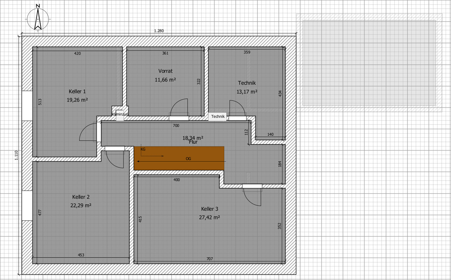 Basement floor plan with cellar rooms 1–3, storage, technical room, hallway and stairs.
