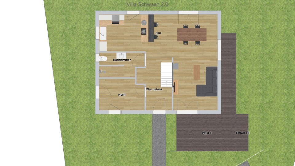 Grundriss eines Hauses: Küche, Essbereich, Wohnzimmer, Flur, Bad, HWR und Terrasse.