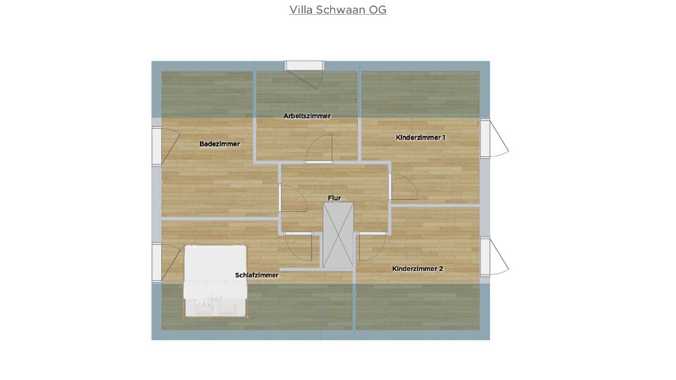 Grundriss OG der Villa Schwaan: zentraler Flur, Schlafzimmer, Badezimmer, Arbeitszimmer, Kinderzimmer.