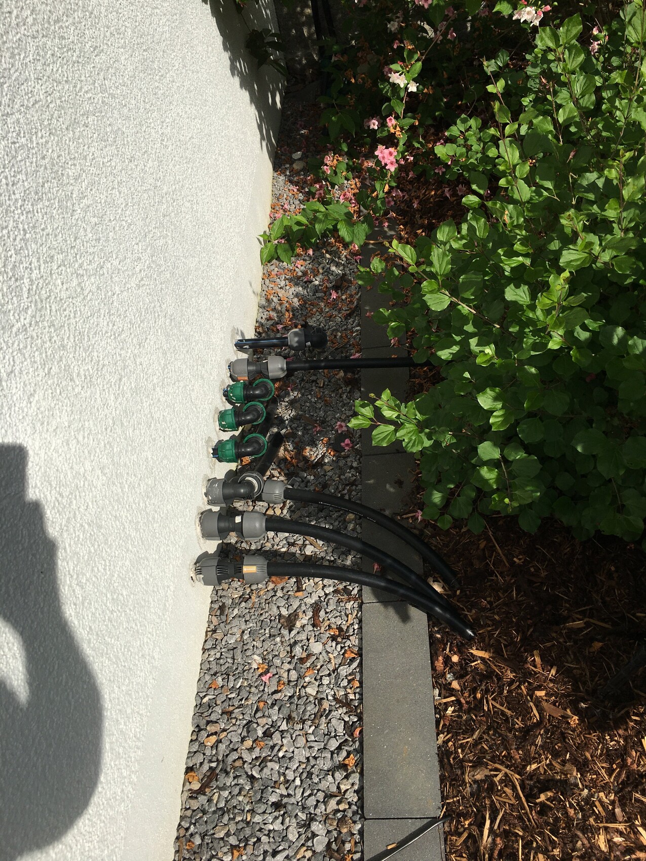 Garden irrigation: multiple hoses with green valves on a white wall, gravel floor.