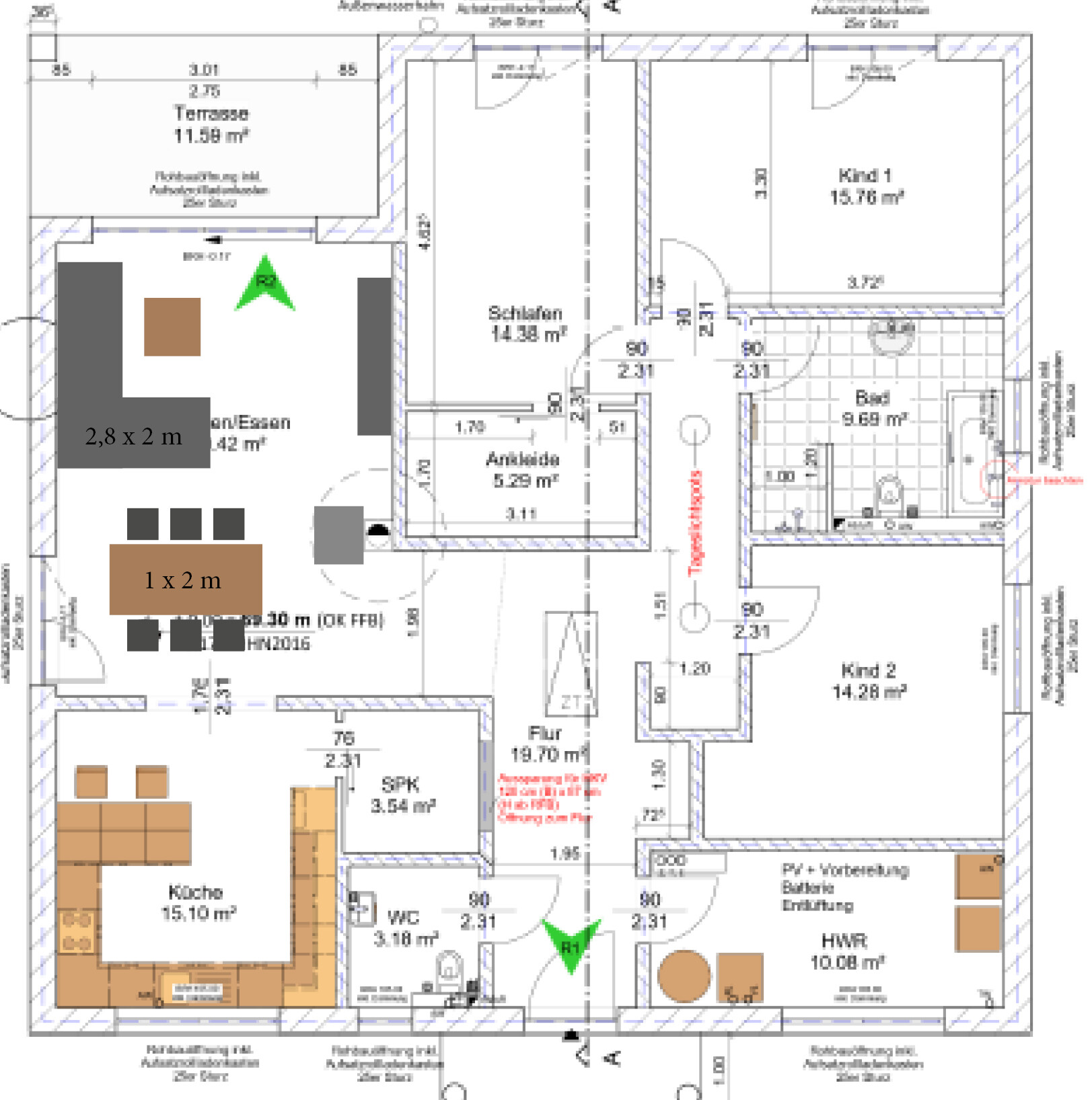 Grundrissplan eines Wohnhauses mit Schlafzimmer, Küche, Bad, Wohnzimmer und Terrasse.