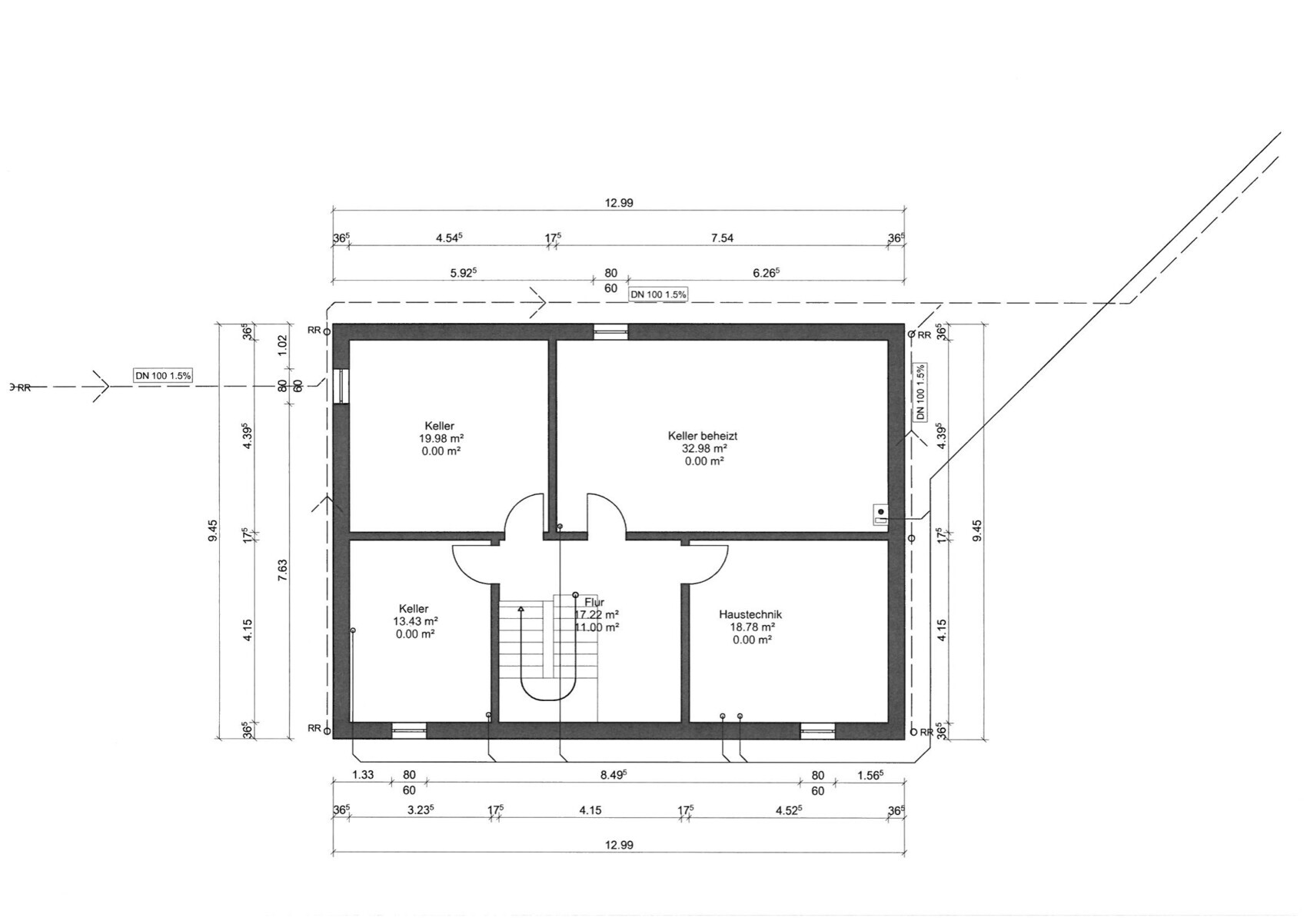 Basement floor plan with hallway, stairs, and rooms (basement, utility) including dimensions.