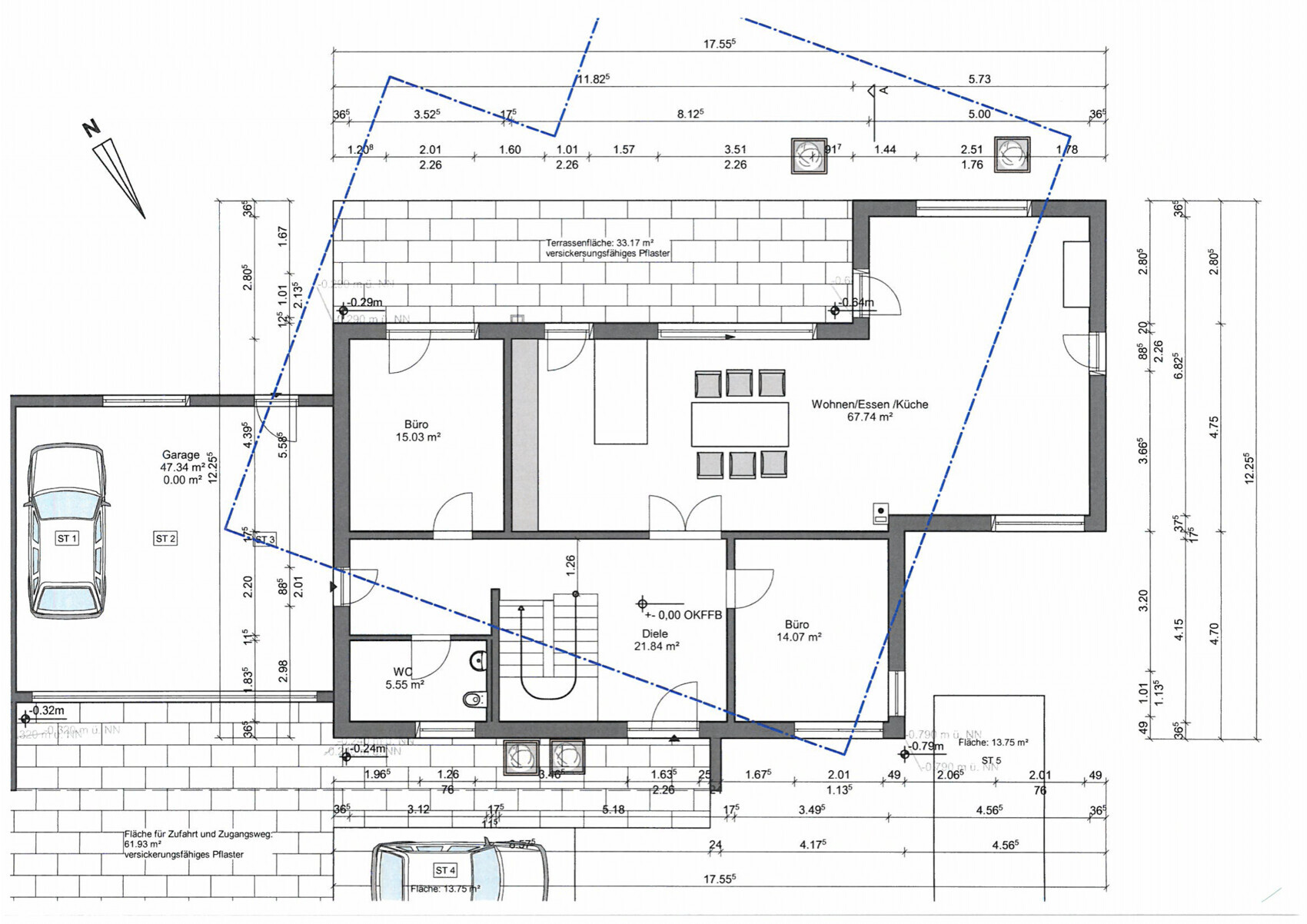 Floor plan of a detached house with garage, office, foyer, living/dining/kitchen and terrace.